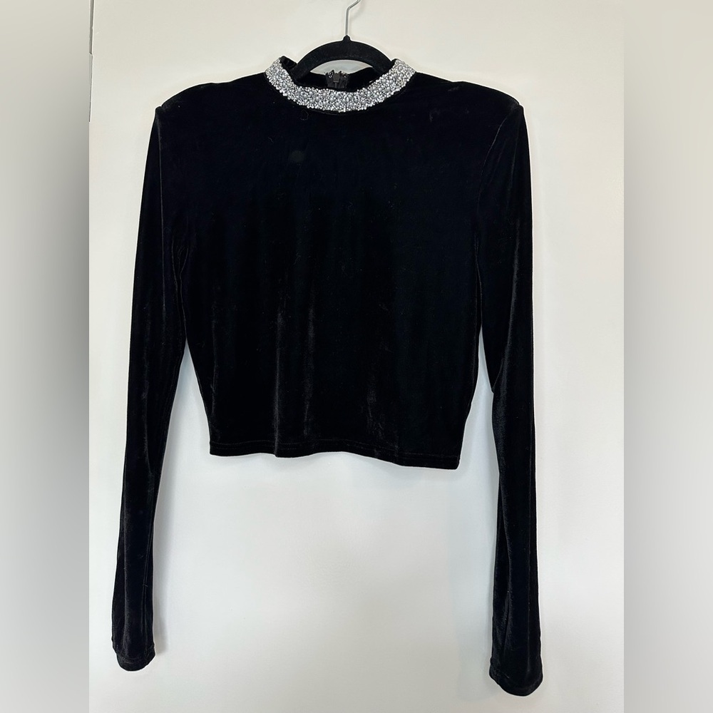 Black Velvet‎ Rhinestone Collar Long Sleeve, Sz L New Year’s Eve Holiday Party